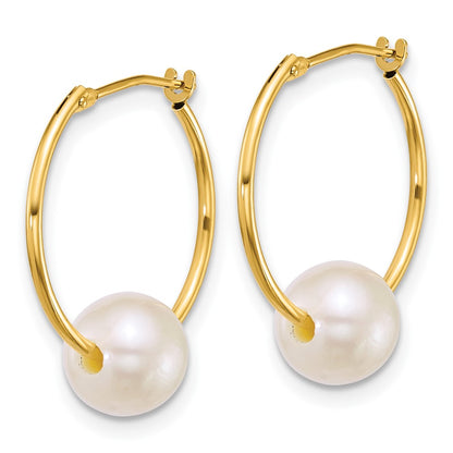 14k 7-8mm White Semi-Round White Freshwater Cultured Pearl Hoop Earrings