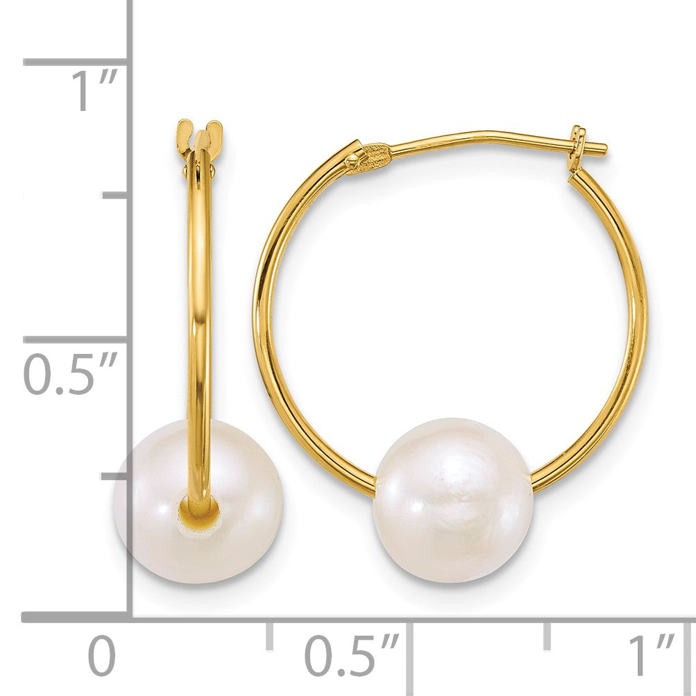 14k Polished 7-8mm Semi-Round White Freshwater Cultured Pearl Hoop Earrings