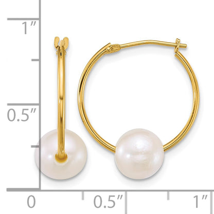 14k Polished 7-8mm Semi-Round White Freshwater Cultured Pearl Hoop Earrings