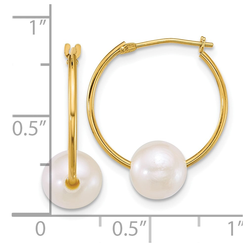 14k 7-8mm White Semi-Round White Freshwater Cultured Pearl Hoop Earrings