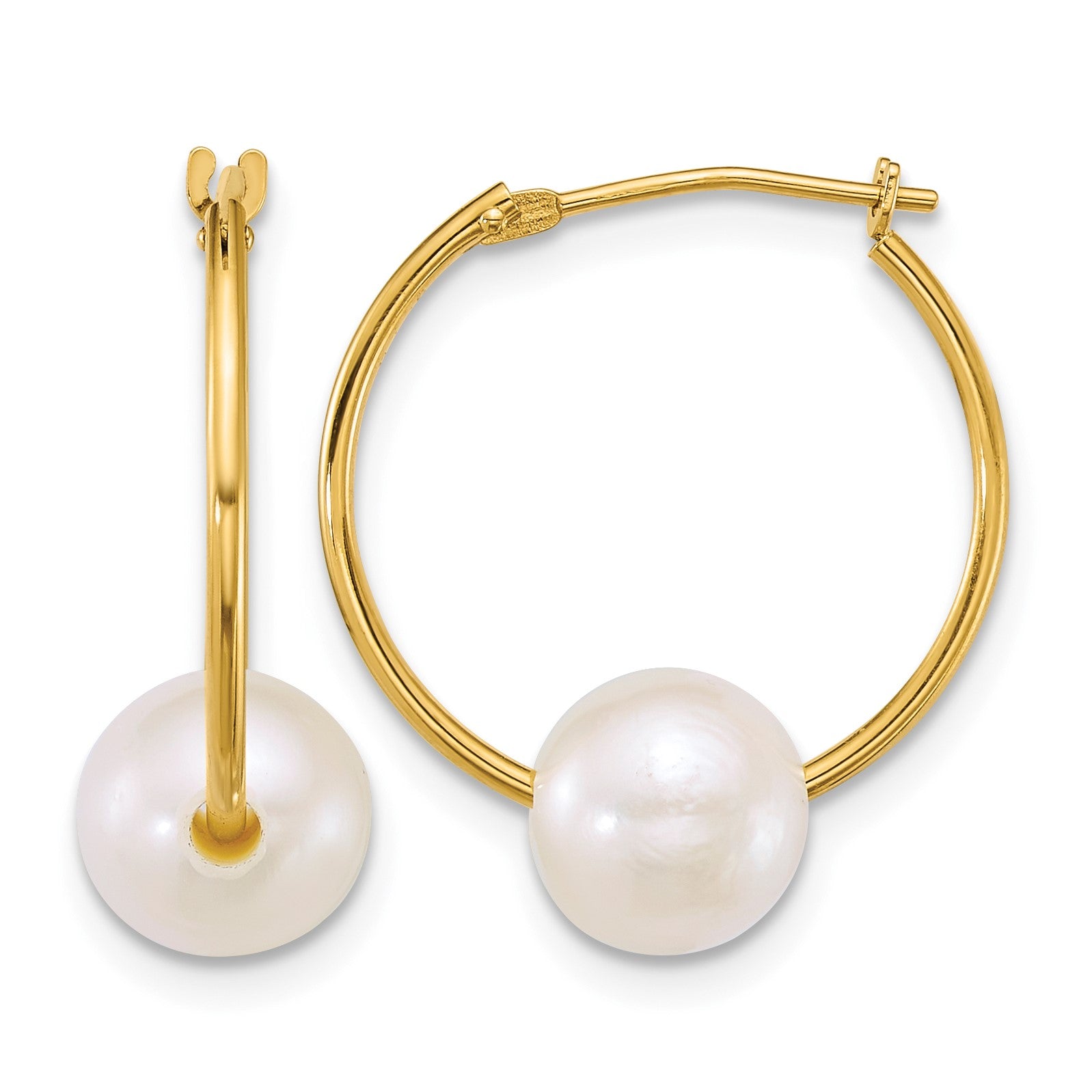 14k Polished 7-8mm Semi-Round White Freshwater Cultured Pearl Hoop Earrings