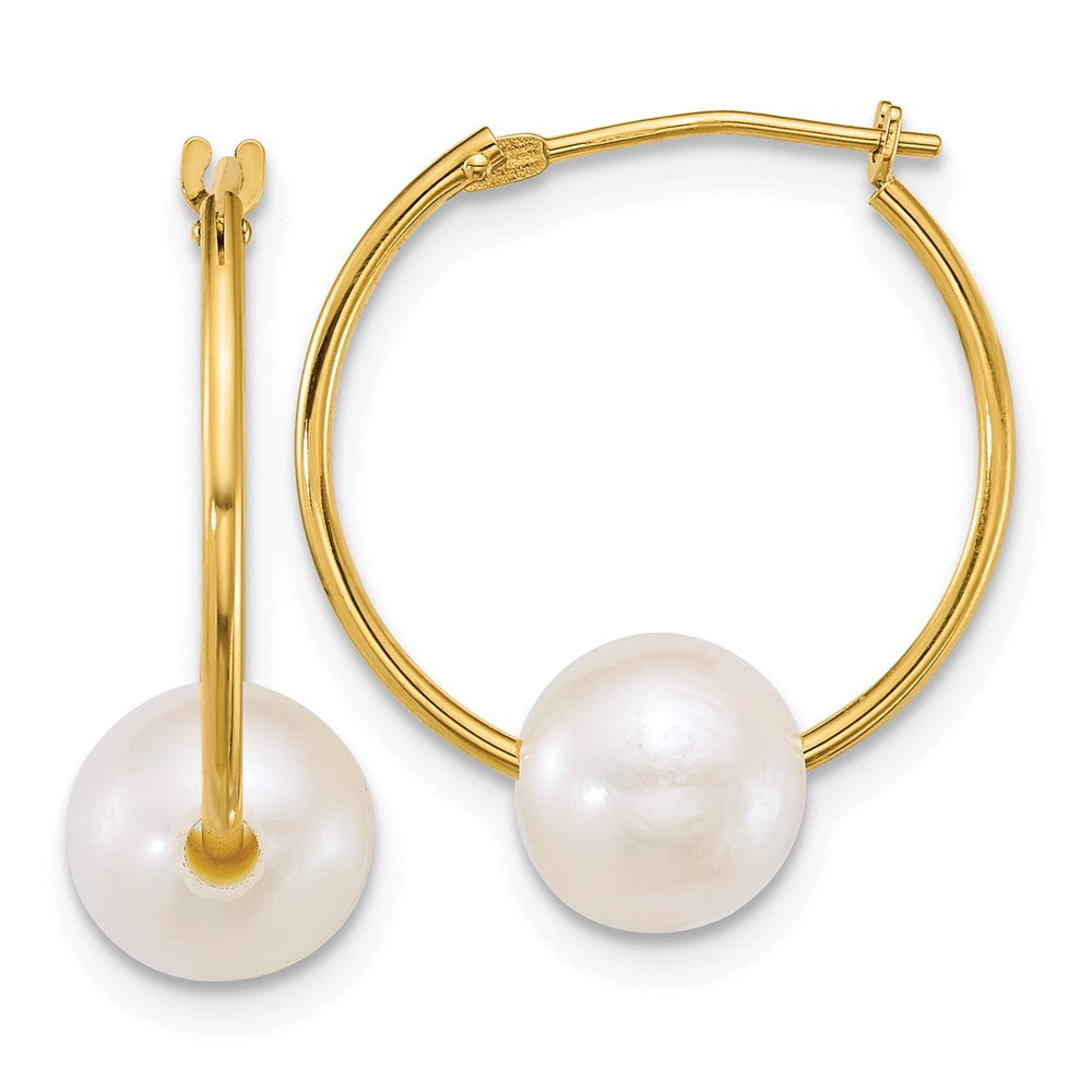 14k 7-8mm White Semi-Round White Freshwater Cultured Pearl Hoop Earrings