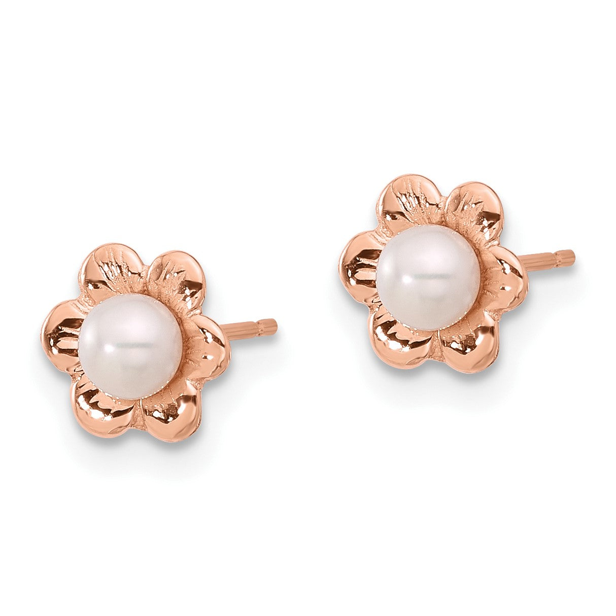 14k Rose Gold 3-4mm White Button Freshwater Cultured Pearl Flower Post Earrings