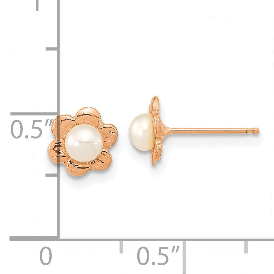 14k Rose Gold 3-4mm White Button Freshwater Cultured Pearl Flower Post Earrings