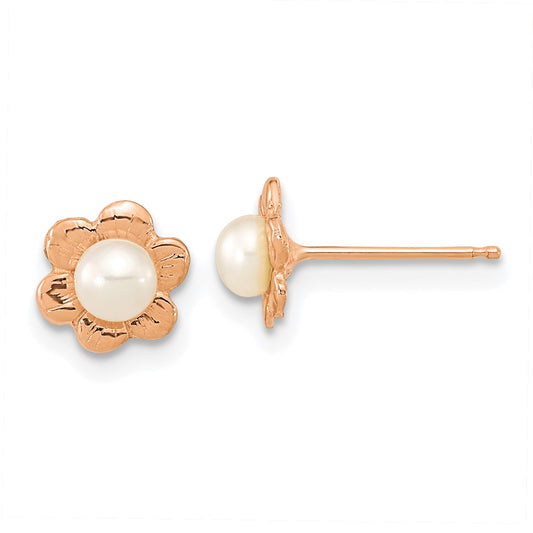 14k Rose Gold 3-4mm White Button Freshwater Cultured Pearl Flower Post Earrings