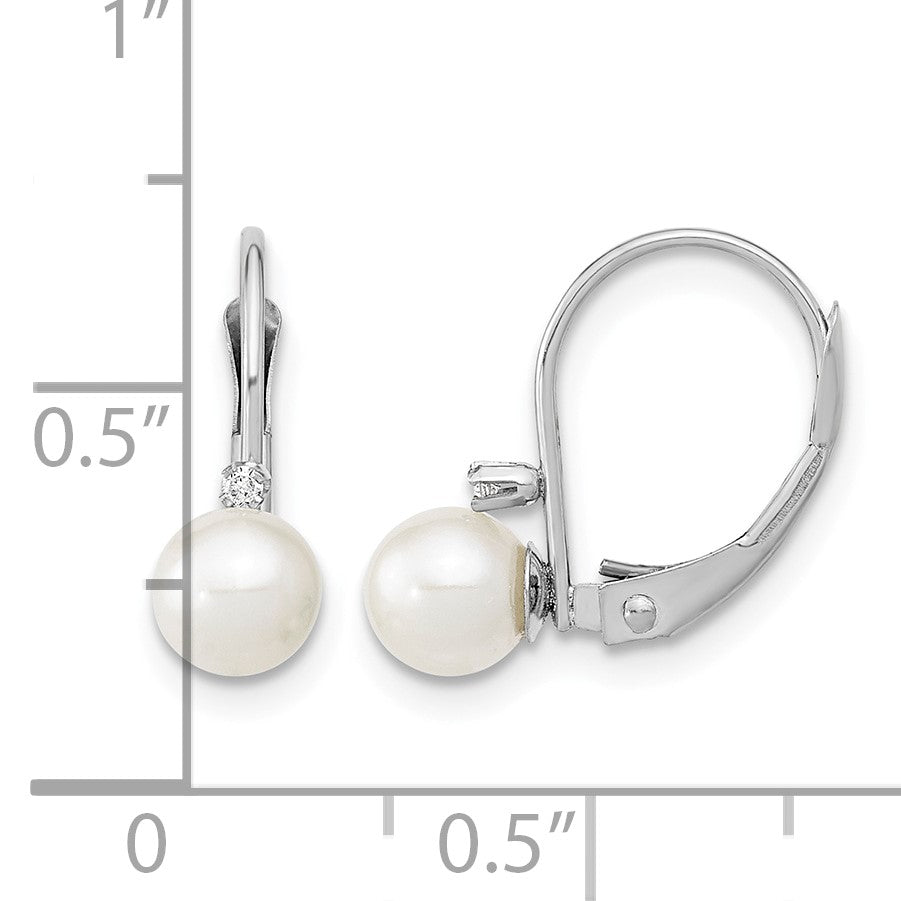 14k White Gold 5-6mm White Round Freshwater Cultured Pearl and .02 Carat Diamond Leverback Earrings