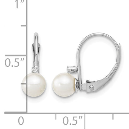 14k White Gold 5-6mm White Round Freshwater Cultured Pearl and .02 Carat Diamond Leverback Earrings