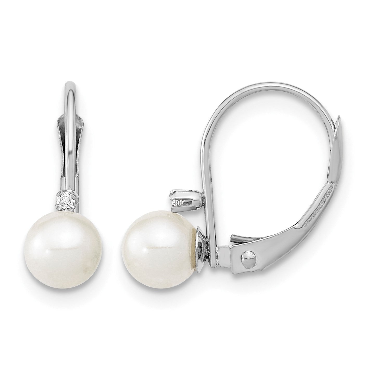 14k White Gold 5-6mm White Round Freshwater Cultured Pearl and .02 Carat Diamond Leverback Earrings