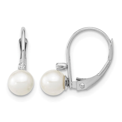 14k White Gold 5-6mm White Round Freshwater Cultured Pearl and .02 Carat Diamond Leverback Earrings