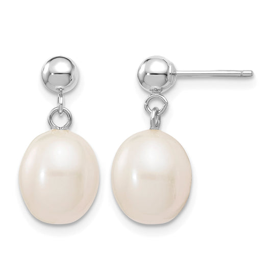 14k White Gold 8-9mm White Rice Freshwater Cultured Pearl Post Dangle Earrings