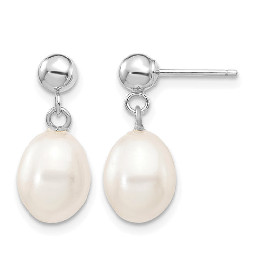 14k White Gold 7-8mm White Rice Freshwater Cultured Pearl Post Dangle Earrings