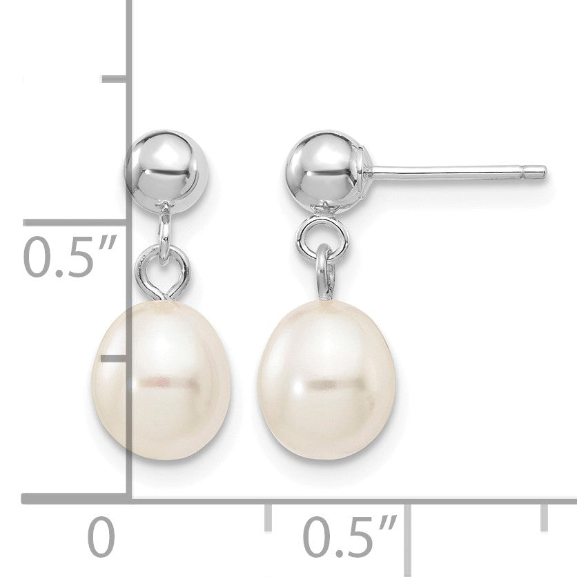 14k White Gold 6-7mm White Rice Freshwater Cultured Pearl Post Dangle Earrings