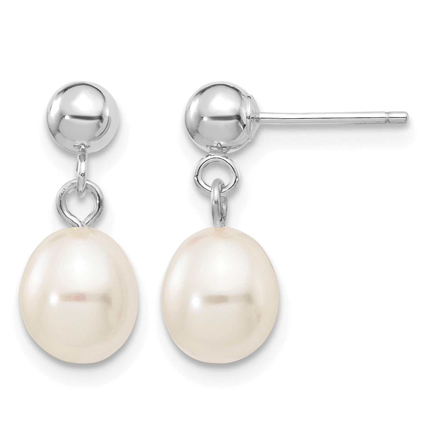 14k White Gold 6-7mm White Rice Freshwater Cultured Pearl Post Dangle Earrings