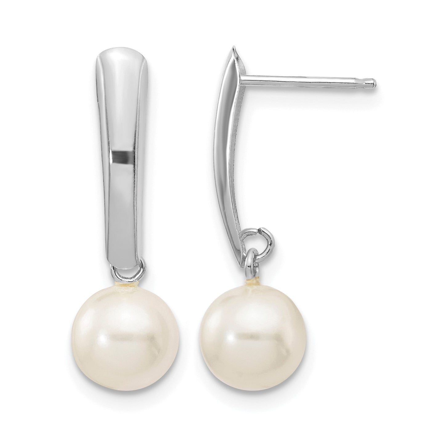 14k White Gold 6-7mm White Round Freshwater Cultured Pearl Post Dangle Earrings