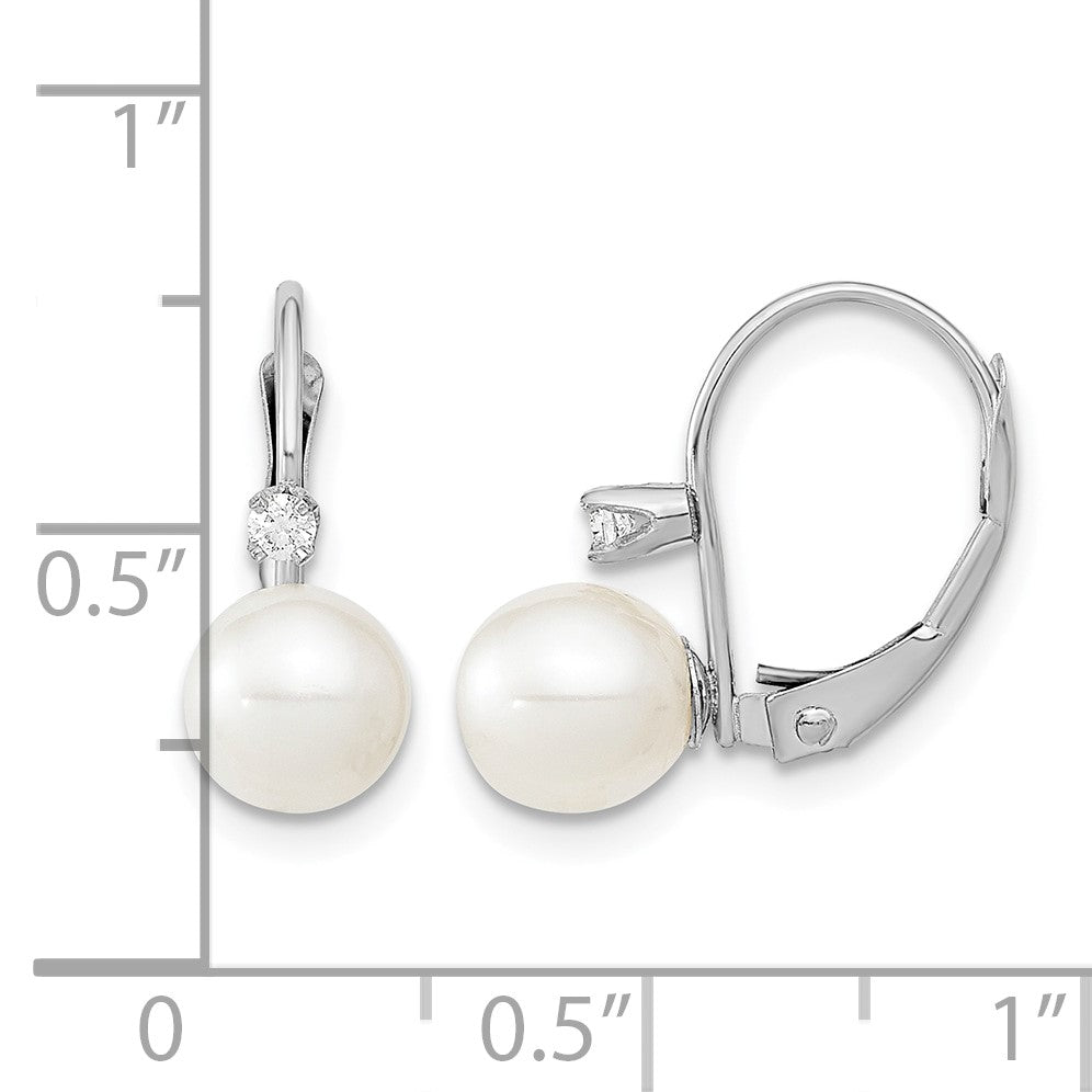 14k White Gold 6-7mm White Round Freshwater Cultured Pearl and .06 Carat Diamond Leverback Earrings