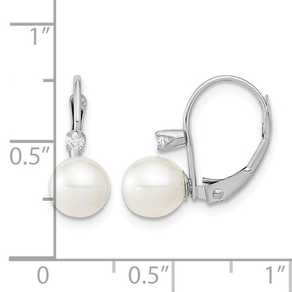 14k White Gold 6-7mm White Round Freshwater Cultured Pearl and .06 Carat Diamond Leverback Earrings