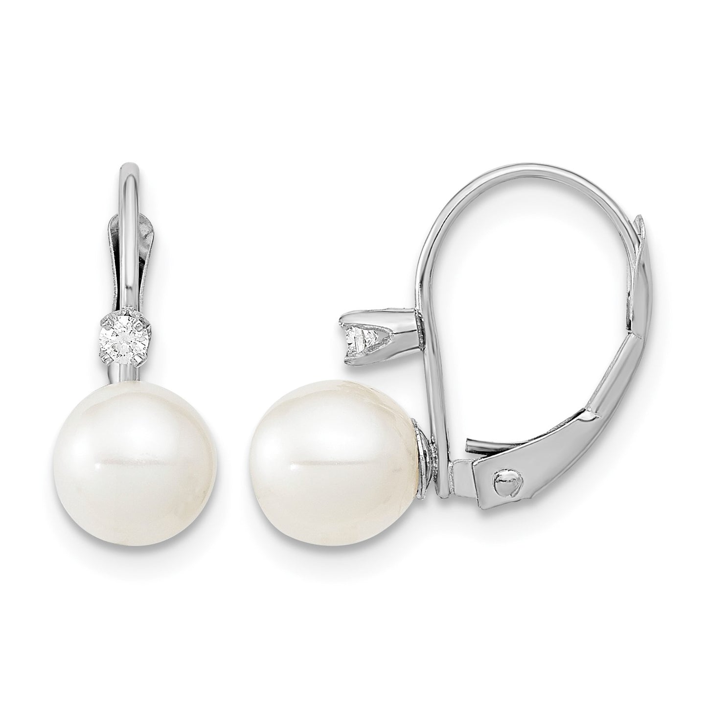 14k White Gold 6-7mm White Round Freshwater Cultured Pearl and .06 Carat Diamond Leverback Earrings