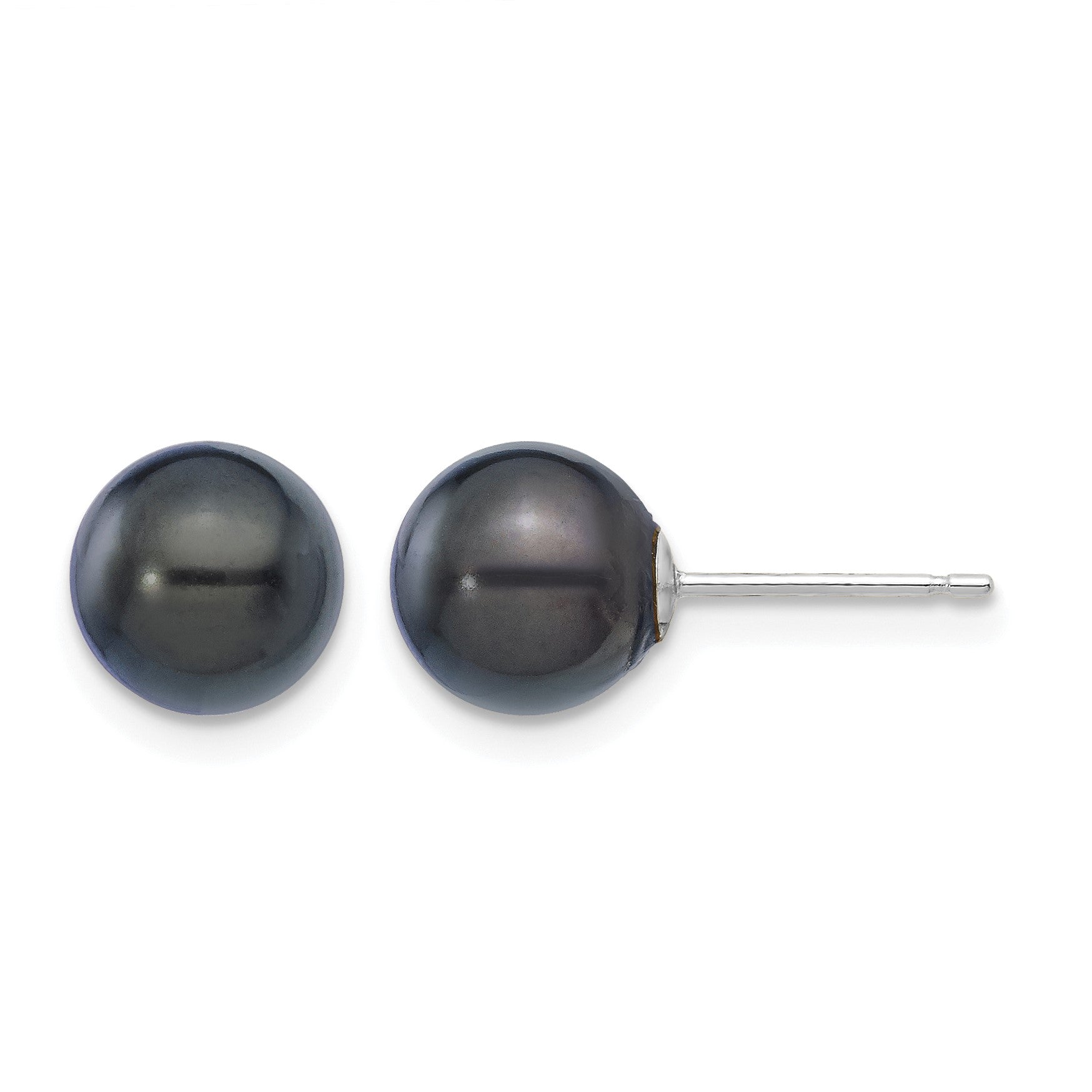 14k White Gold 7-8mm Black Round Akoya Saltwater Cultured Pearl Post Earrings