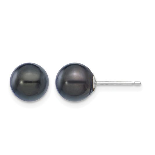 14k White Gold 7-8mm Black Round Akoya Saltwater Cultured Pearl Post Earrings