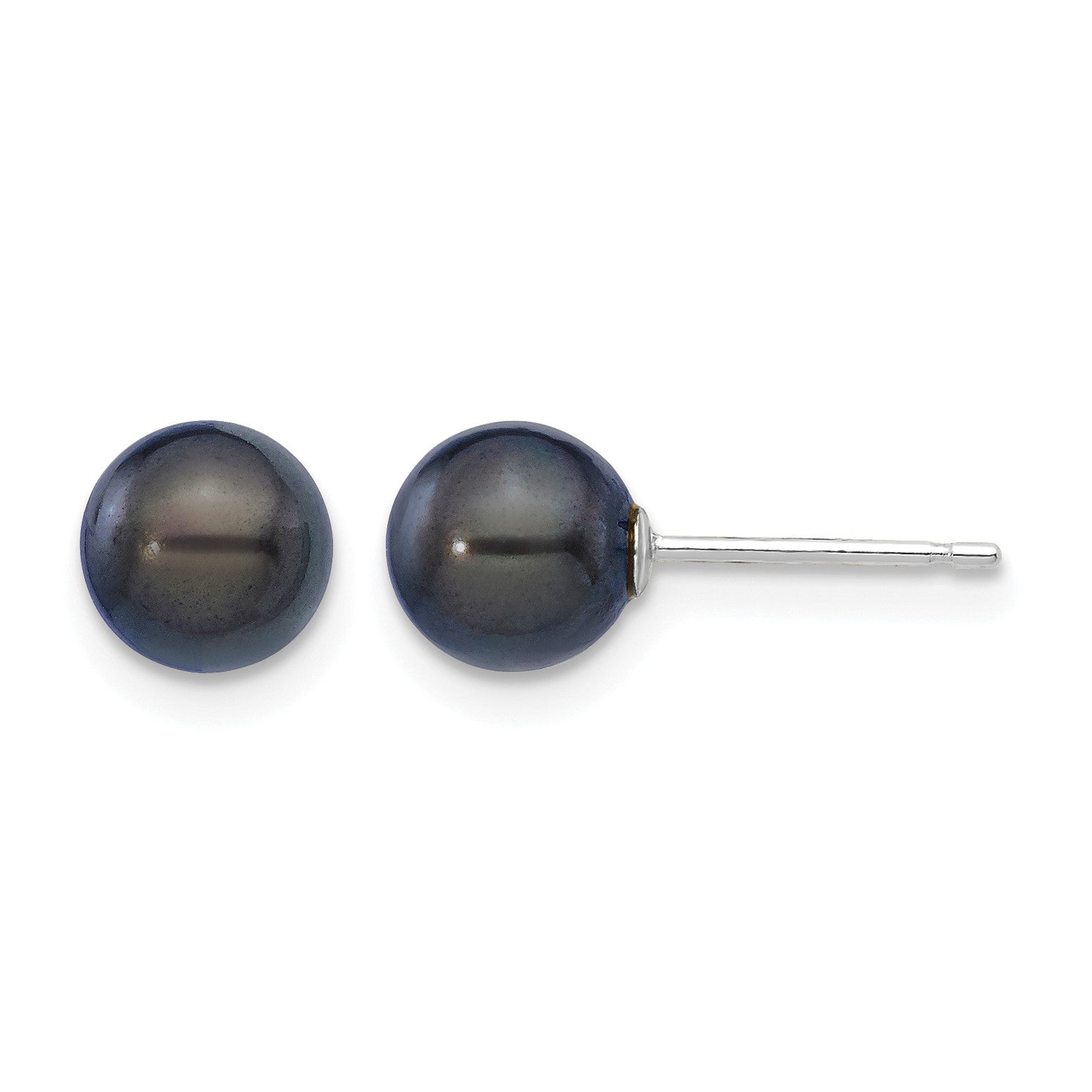 14k White Gold 6-7mm Black Round Akoya Saltwater Cultured Pearl Post Earrings