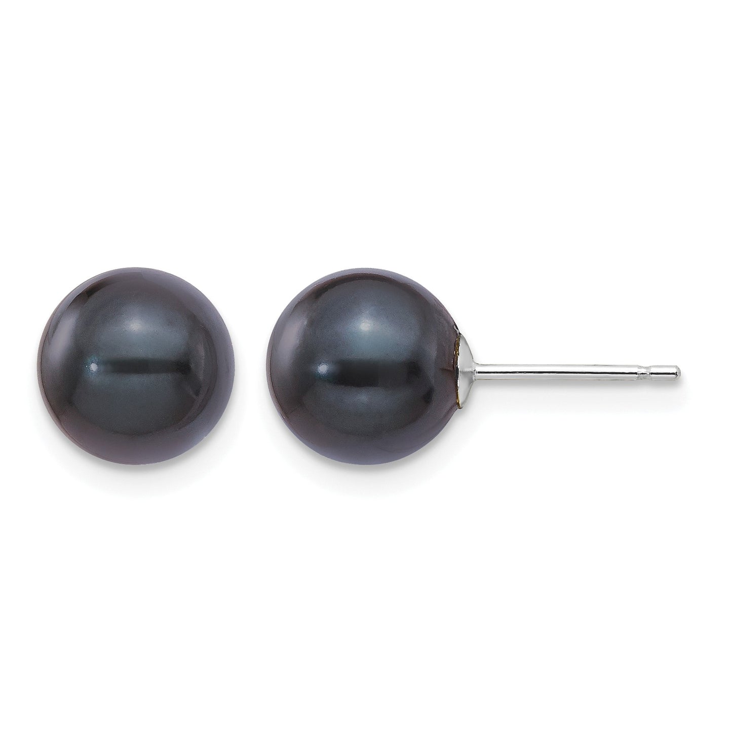 14k White Gold 8-9mm Black Round Black Akoya Saltwater Cultured Pearl Post Earrings