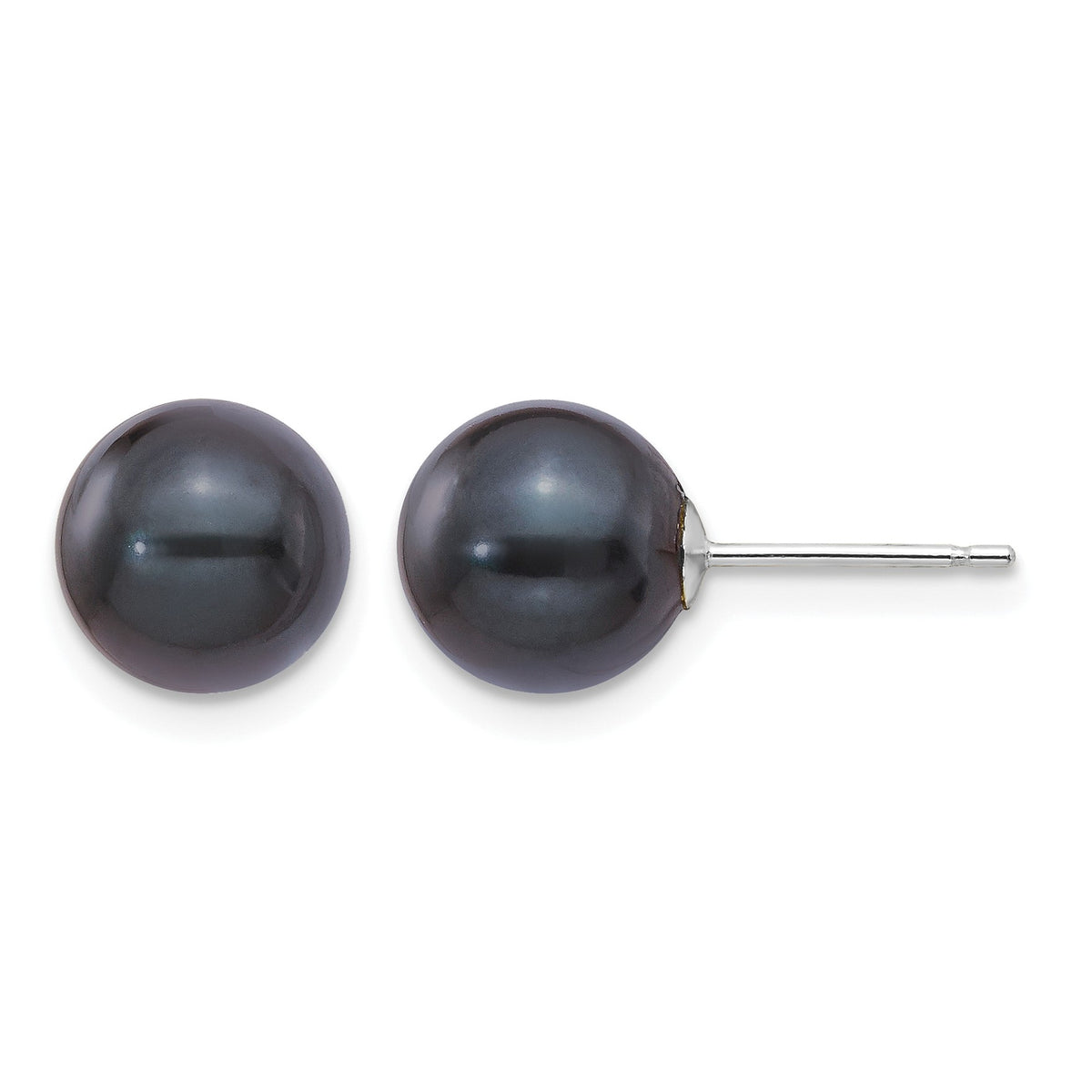 14k White Gold 8-9mm Black Round Black Akoya Saltwater Cultured Pearl Post Earrings