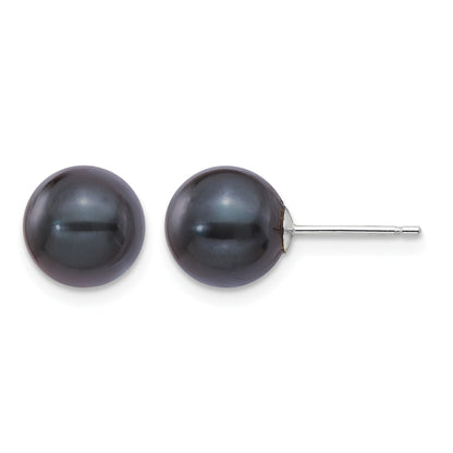 14k White Gold 8-9mm Black Round Black Akoya Saltwater Cultured Pearl Post Earrings