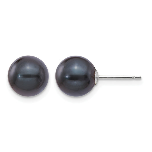 14k White Gold 8-9mm Black Round Black Akoya Saltwater Cultured Pearl Post Earrings