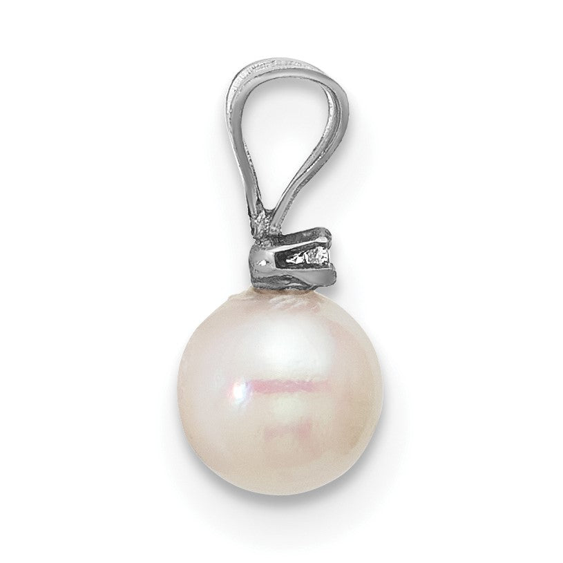 14k White Gold 5-6mm White Round Akoya Saltwater Cultured Pearl and .01 Carat Diamond Pendant