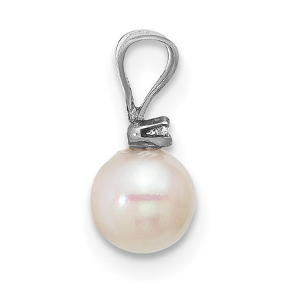 14k White Gold 5-6mm White Round Akoya Saltwater Cultured Pearl and .01 Carat Diamond Pendant