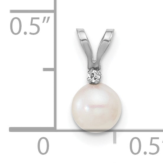 14k White Gold 5-6mm White Round Akoya Saltwater Cultured Pearl and .01 Carat Diamond Pendant