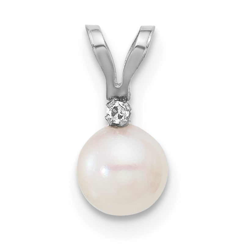 14k White Gold 5-6mm White Round Akoya Saltwater Cultured Pearl and .01 Carat Diamond Pendant