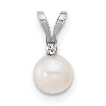14k White Gold 5-6mm White Round Akoya Saltwater Cultured Pearl and .01 Carat Diamond Pendant
