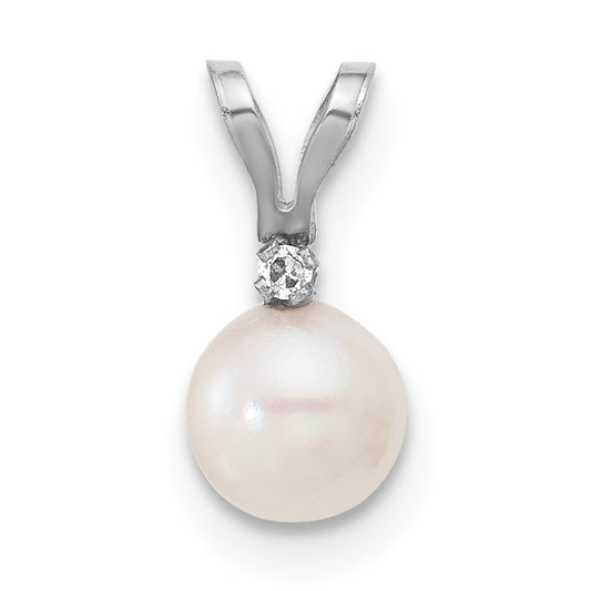 14k White Gold 5-6mm White Round Akoya Saltwater Cultured Pearl and .01 Carat Diamond Pendant