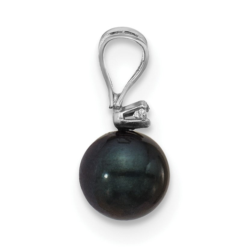 14k White Gold 5-6mm Black Round Akoya Saltwater Cultured Pearl and .01 Carat Diamond Pendant