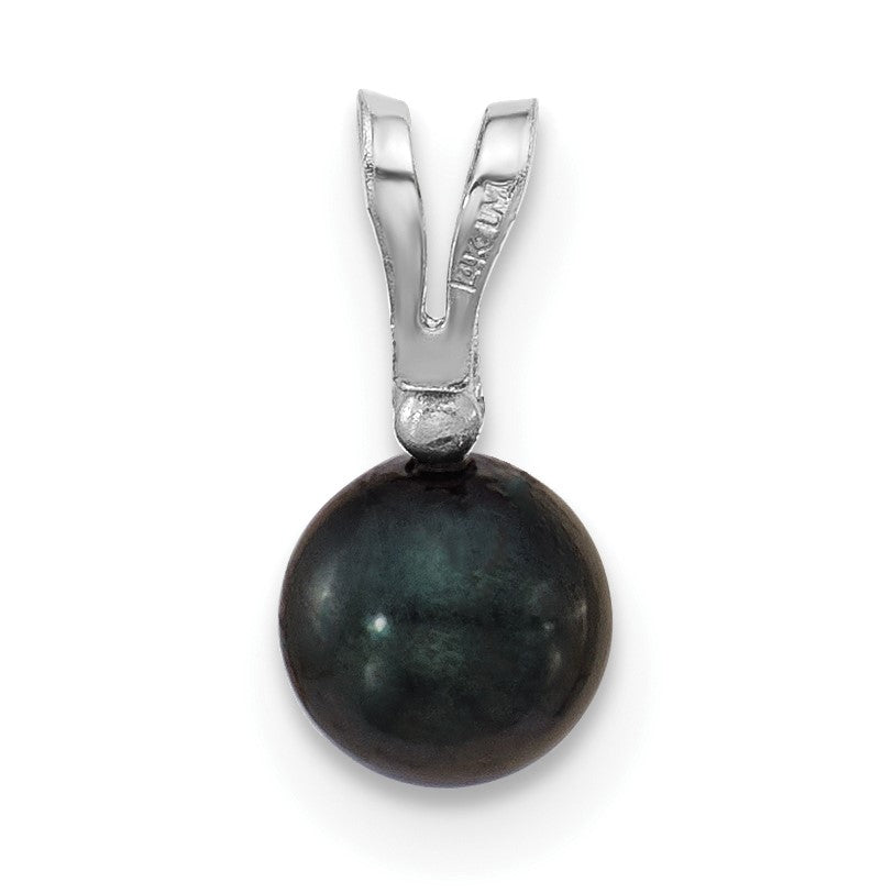 14k White Gold 5-6mm Black Round Akoya Saltwater Cultured Pearl and .01 Carat Diamond Pendant