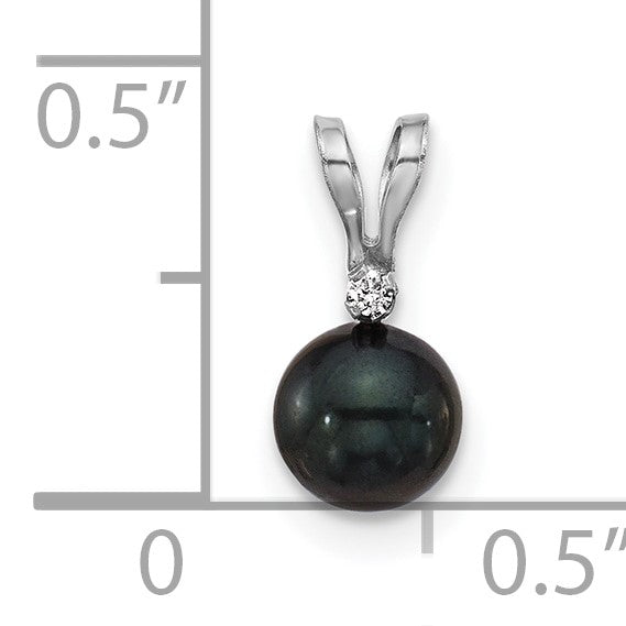 14k White Gold 5-6mm Black Round Akoya Saltwater Cultured Pearl and .01 Carat Diamond Pendant