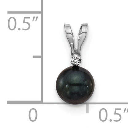 14k White Gold 5-6mm Black Round Akoya Saltwater Cultured Pearl and .01 Carat Diamond Pendant