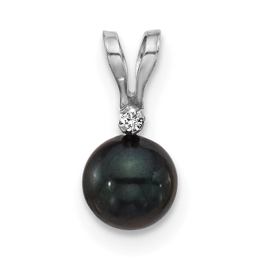 14k White Gold 5-6mm Black Round Akoya Saltwater Cultured Pearl and .01 Carat Diamond Pendant