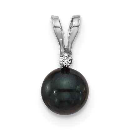 14k White Gold 5-6mm Black Round Akoya Saltwater Cultured Pearl and .01 Carat Diamond Pendant
