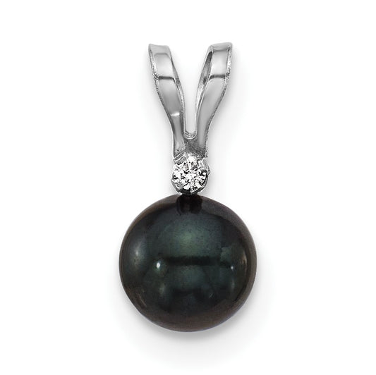 14k White Gold 5-6mm Black Round Akoya Saltwater Cultured Pearl and .01 Carat Diamond Pendant