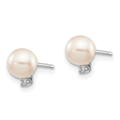 14k White Gold 5-6mm White Round Akoya Saltwater Cultured Pearl and .02 Carat Diamond Earrings