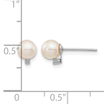 14k White Gold 5-6mm White Round Akoya Saltwater Cultured Pearl and .02 Carat Diamond Earrings