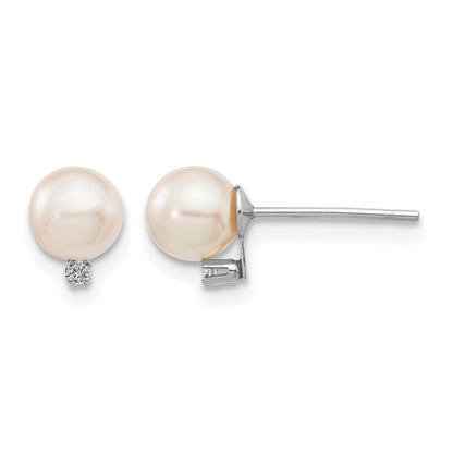14k White Gold 5-6mm White Round Akoya Saltwater Cultured Pearl and .02 Carat Diamond Earrings
