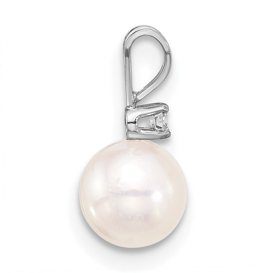 14k White Gold 6-7mm White Round Akoya Saltwater Pearl and .03 Carat Diamond Pendant