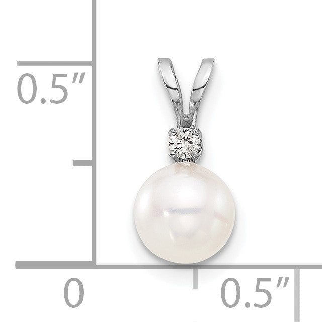 14k White Gold 6-7mm White Round Akoya Saltwater Pearl and .03 Carat Diamond Pendant