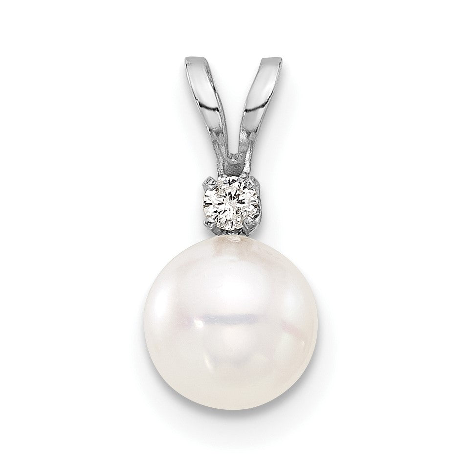 14k White Gold 6-7mm White Round Akoya Saltwater Pearl and .03 Carat Diamond Pendant