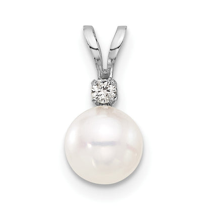 14k White Gold 6-7mm White Round Akoya Saltwater Pearl and .03 Carat Diamond Pendant