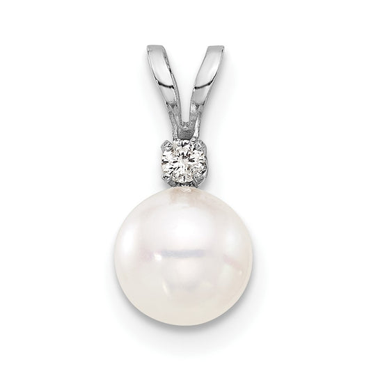 14k White Gold 6-7mm White Round Akoya Saltwater Pearl and .03 Carat Diamond Pendant