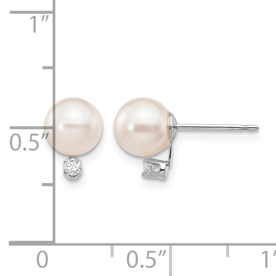 14k White Gold 6-7mm White Round Akoya Saltwater Cultured Pearl and .06 Carat Diamond Post Earrings